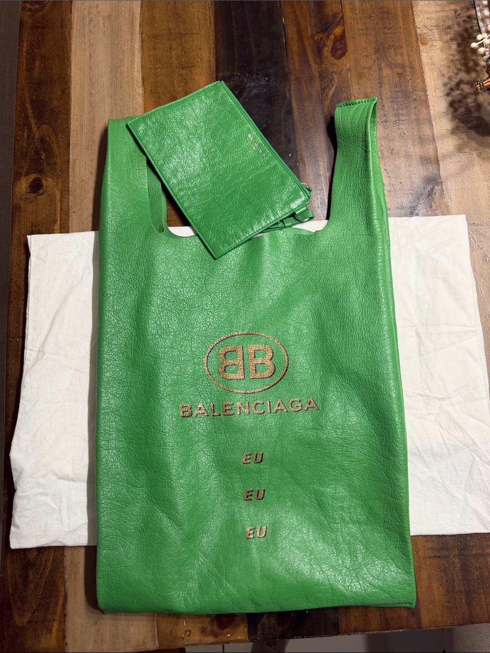 Balenciaga Green Leather Logo Tote with Matching Pouch